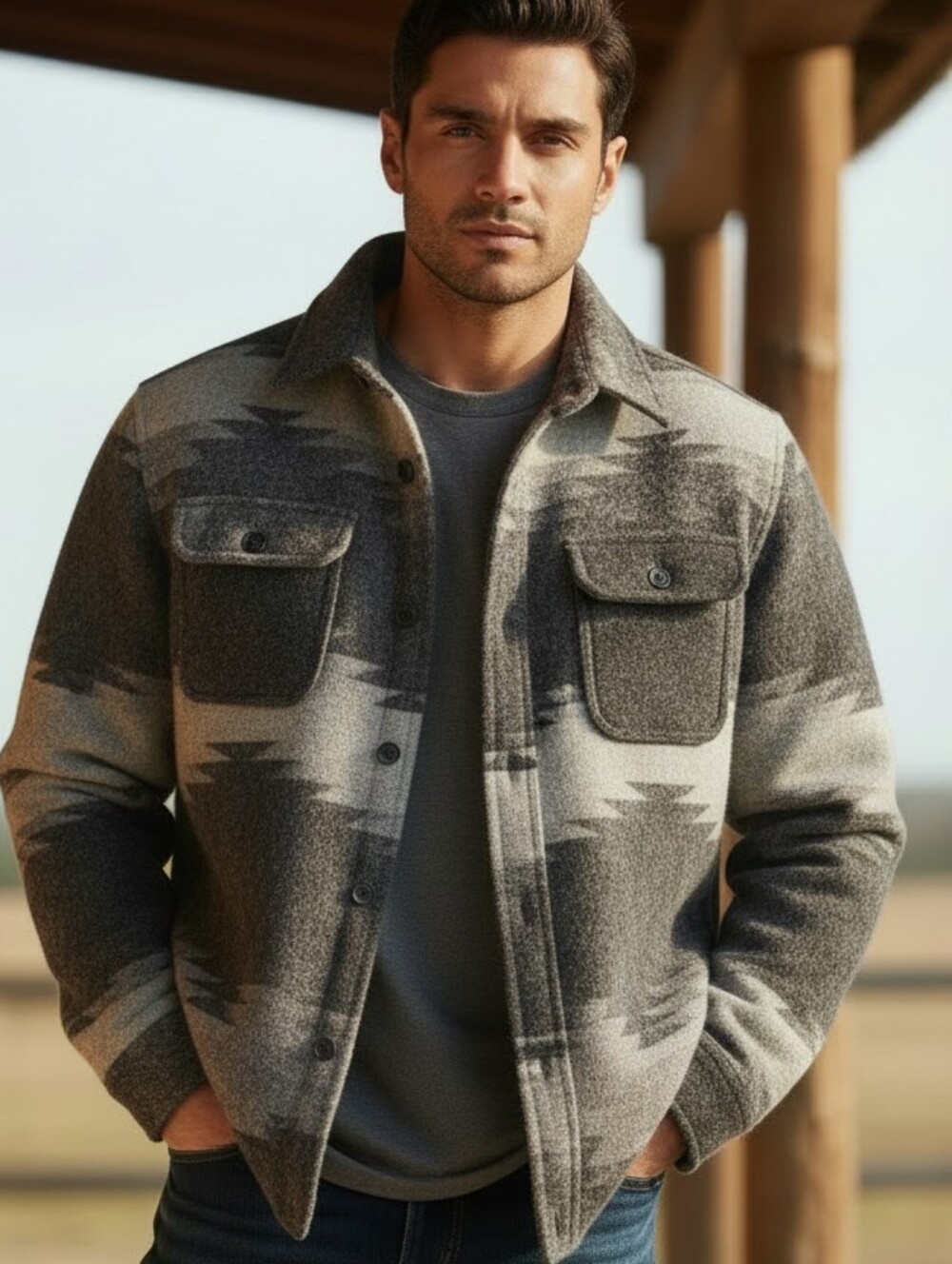 JACHS New York men’s Southwestern/Aztec wool-blend sherpa-lined shirt jacket